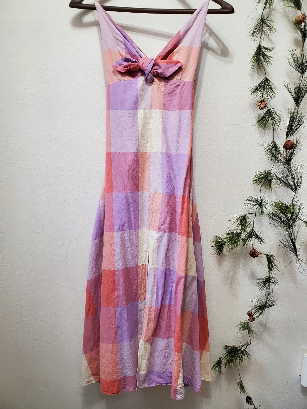 Dress Forum LA Ally Plaid Maxi Dress Lavender Coral Tie-back Front Slit Lined - Picture 16 of 16